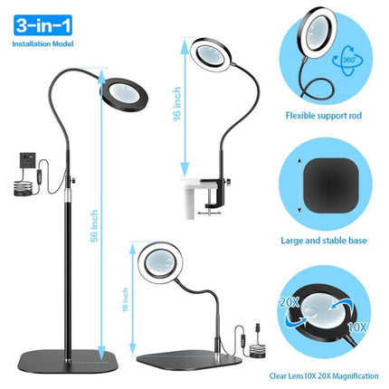 3in1 Floor 10X 20X Magnifying Glass with Light & Stand Dimmable Magnifying Lamp