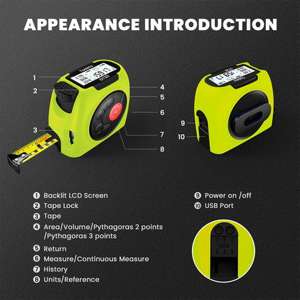 2-in-1 Digital Tape Measure 40m Rechargeable Precision Measuring Tool Unit Switch