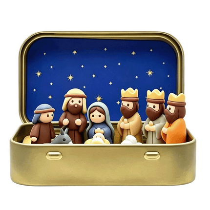 Mini Christmas Nativity Set in a Tin Box, Jesus Portable Pocket Scene Decor 3D