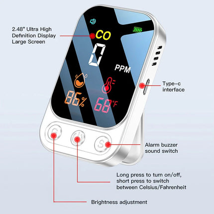 3-in-1 Portable Carbon Monoxide Detector Outdoor Camping Carbon Monoxide Alarm