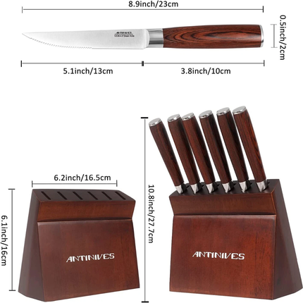 Kitchen 6 Pcs Knife Set with Block Serrated Steak Knife Wooden Handle