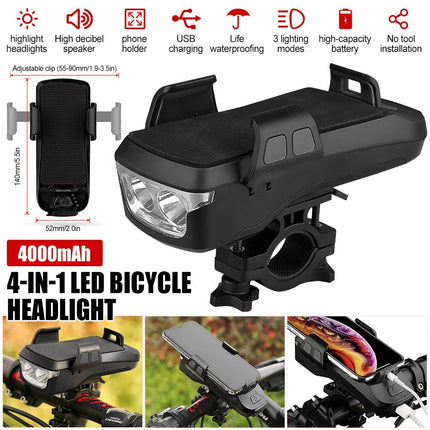 LED 4 In 1 Horn LED Bike Headlight Lamp Horn Power USB Rechargeable 3 Mode