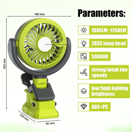 Portable Fan for Ryobi P108 18V Battery Cordless Fan with LED Light for Camping
