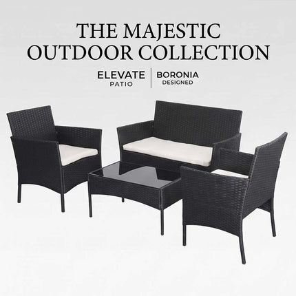 4-Piece Outdoor Patio Wicker Lounge Set Chair with Cushions & Glass Coffee Table