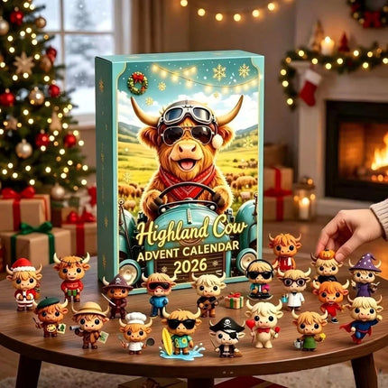 24 Day Highland Cow Advent Calendar 2026 3D Flat Mini Figures Xmas Gift Toy (1set）