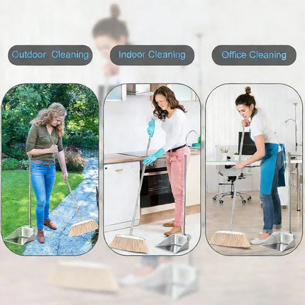 Stainless Steel Broom and Dustpan Set with Long Handle, Upright Heavy Duty