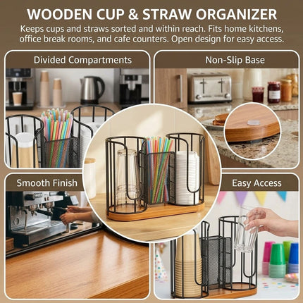 Drink Cup Holder Wood Base Tableware Storage Easy Reach for Countertop, Office