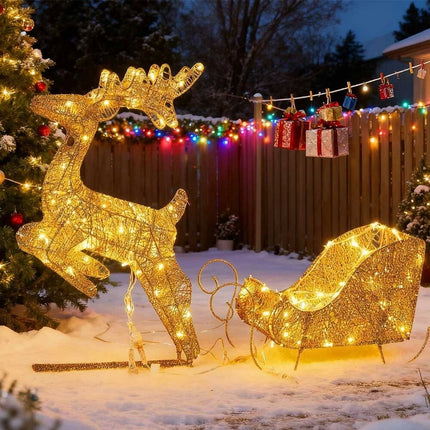 Christmas Lighted Reindeer & Sleigh Solar Powered LED Lights Xmas Decoration