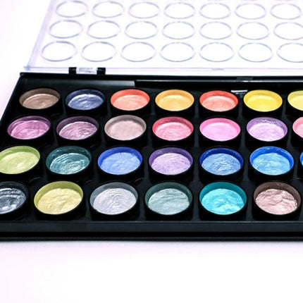 36 Colours Metallic Watercolour Set Includes Mixing Wells & Paint Brush