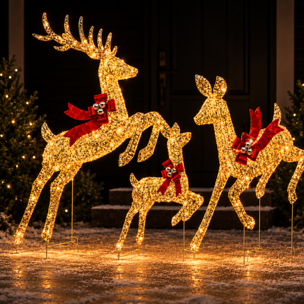 3-Piece Lighted Christmas Prancing Reindeer Family Gold Prancing Outdoor Display Stag Doe Fawn Outdoor Xmas Deer Set with Solar Panel AU Plug