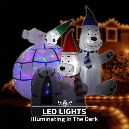 Inflatable Christmas Bear Family & Igloo W/ Disco Lights 1.85M Xmas Decor Gift