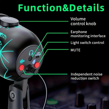 USB Microphone Noise Cancellation Condenser RGB Gaming Mic for PC Laptop Android
