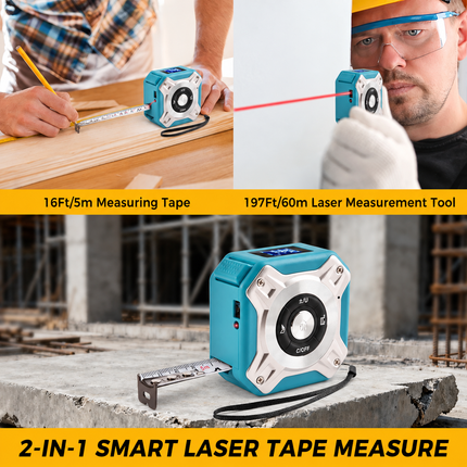 2-in-1 Laser Tape Measure 40m/60m Laser Measurement Tool USB Rechargeable LCD