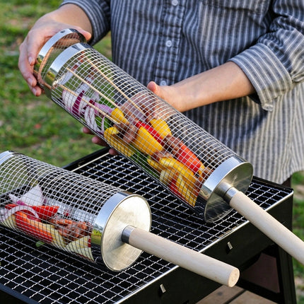 Rolling BBQ Grill Basket with Mesh Cage for Vegetables & Meat, Outdoor Barbecue Cylinder Net, Fits Most Grills