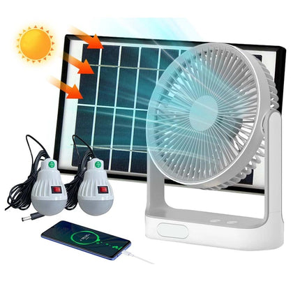 Solar Powered Cooling Fan Cooler Rechargeable Camping Fan with 2 Lights Bulbs