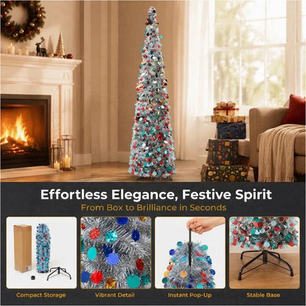 Foldable Christmas Tree Retractable Tinsel Tree Holiday Decor Silver and colors
