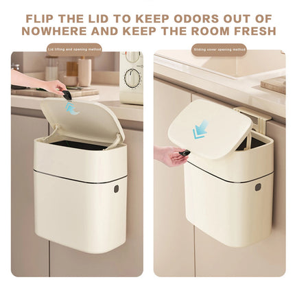 Wall Mounted Hanging Waste Bin with Lid Household Cabinet Trash Can Cream White