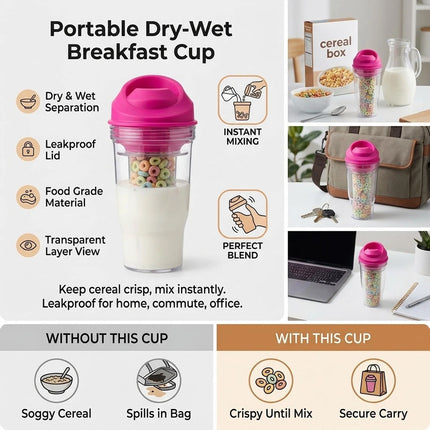 1Pcs Crunch Cup On-the-Go Cereal Tumbler Portable Plastic Cereal Cup Leak-Proof Pink