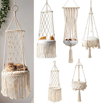 Macrame Hand Woven Hanging Pet Cat Hammock Swing Bed Nest Boho Hanging Basket