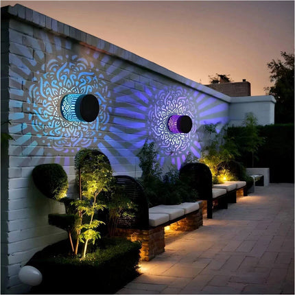 2Pcs Colorful Solar Mandala Wall Light Outdoor Garden Fence Projector Lamp Patio Ambient Light