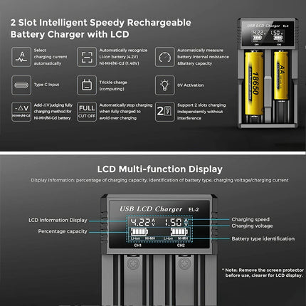 18650 Battery Charger 2 Bay Battery Charger LCD Display For Rechargeable Battery