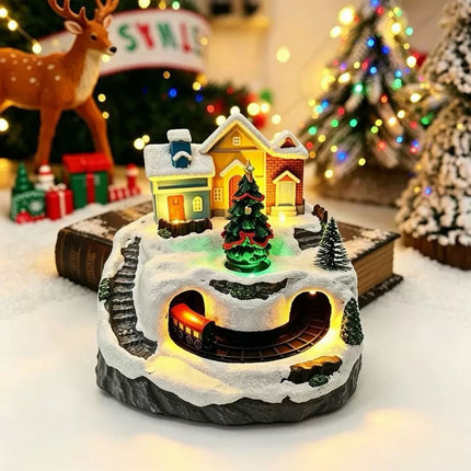 Resin Christmas Village House with Musical Light-Up Train & LED Lights