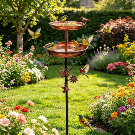 Double Bowl Bird Bath Feeder W/ 5 Prong Freestanding Antique Outdoor Garden Yard