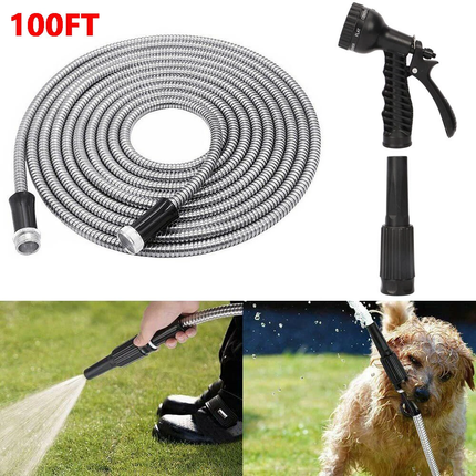 100FT Stainless Steel Water Hose Metal Home Garden Pipe with 2 Nozzle Connector