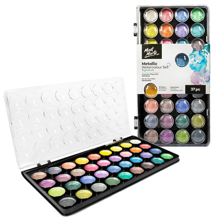 36 Colours Metallic Watercolour Set Includes Mixing Wells & Paint Brush