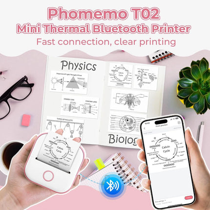 T02 Mini Pocket Bluetooth Thermal Printer Wireless Photo Inkless Sticker Pink