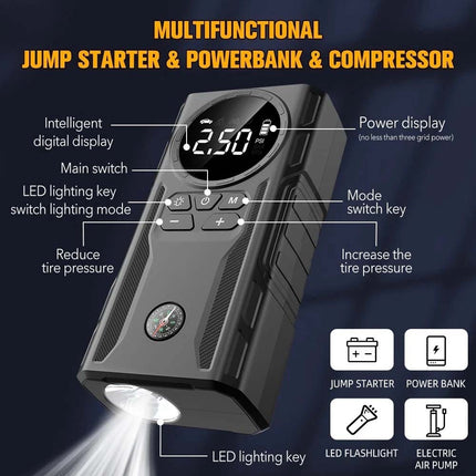 Car Jump Starter 39800mAh Portable Power Bank Booster with Auto Air Compressor