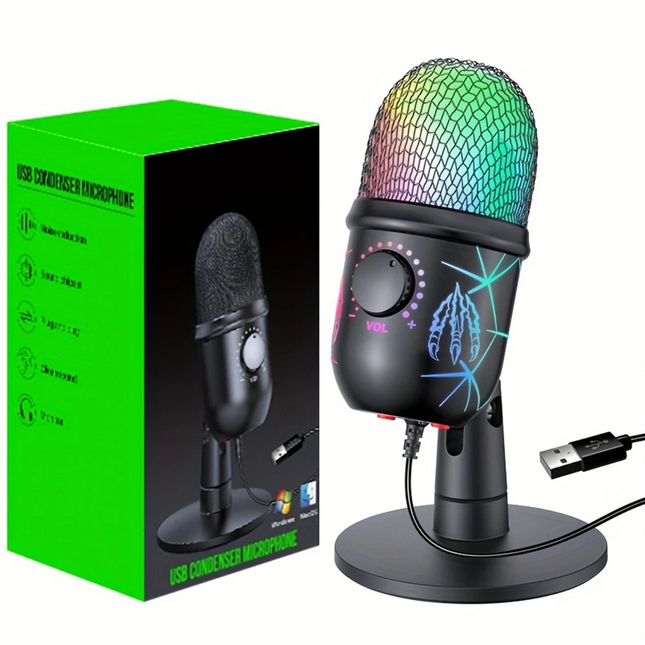 USB Microphone Noise Cancellation Condenser RGB Gaming Mic for PC Laptop Android