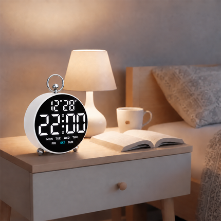 Digital Clock Round Table Clock Date Display Adjustable Brightness Alarm Clock