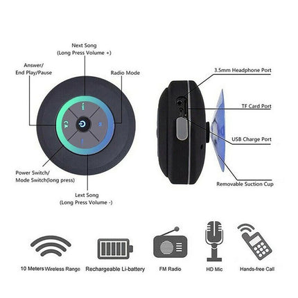 Portable LED Waterproof Wireless Bluetooth Speaker for Shower Bathroom Subwoofer