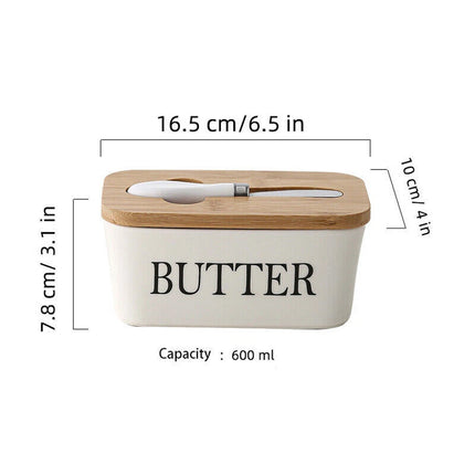 Ceramic Butter Dish Box Storage Tray Container w/ Bamboo Lid & Butter Cutter