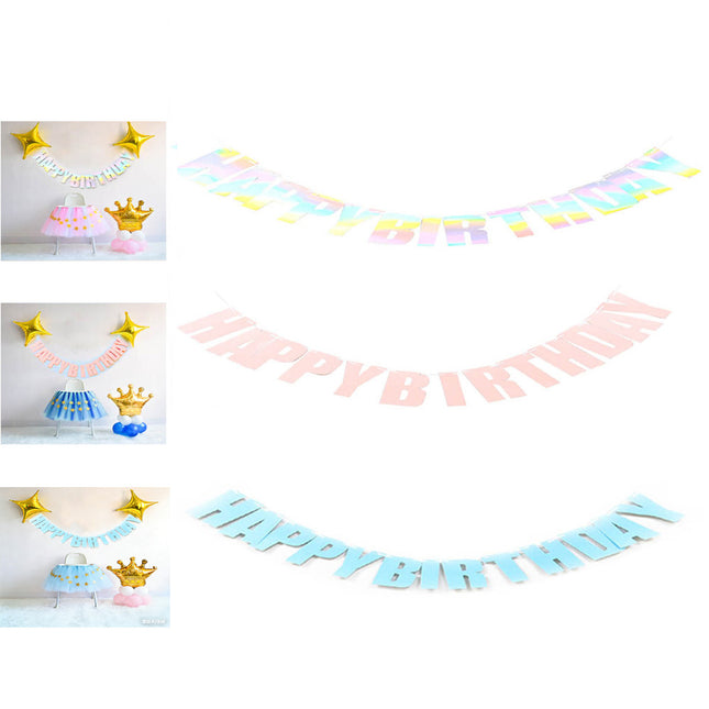 3 Pcs Happy Birthday Party Banner Flag Hanging Decoration Bunting Garland Blue Pink Clear