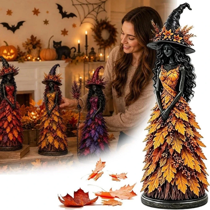 Rustic Halloween Witch Statue Leaf Gown Forest Witch Table Decor Fall Decor