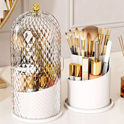 360° Rotating Makeup Brush Holder Cosmetic Organizer Storage Box with Lid