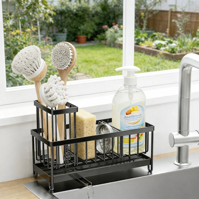Black Metal Kitchen Sink Sponge Organizer Rack with Brush Holder