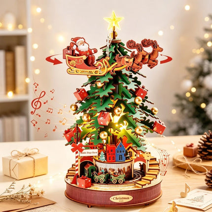 Wood 3D Puzzle Rotatable Christmas Music Box DIY Creative Toy Xmas Gifts