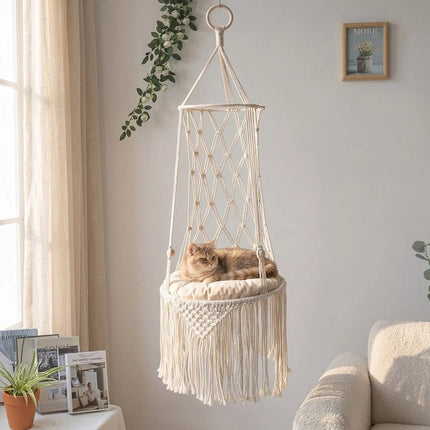 Macrame Hand Woven Hanging Pet Cat Hammock Swing Bed Nest Boho Hanging Basket