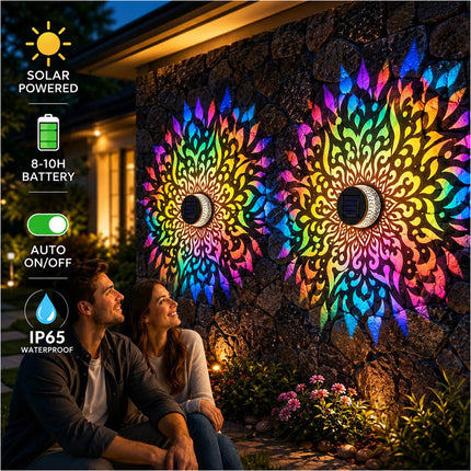 2Pcs Colorful Solar Mandala Wall Light Outdoor Garden Fence Projector Lamp Patio Ambient Light