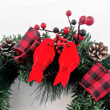 40cm Christmas Wreath Pine Green Garland Red Pinecone Berry Birds Bow Door Décor