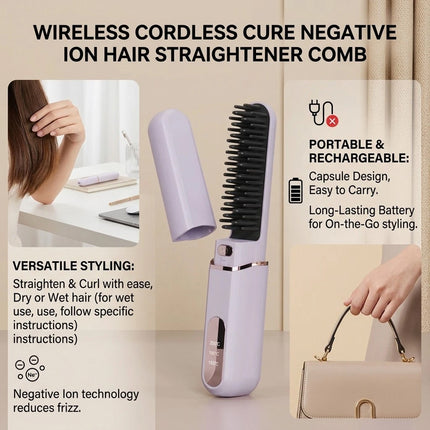 Cordless Rechargeable Portable Hair Straightener Brush Hair Iron AntiScald Quick  (Purple)