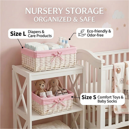Pink 3 Pcs Wicker Storage Basket Washing Clothes Basket Hamper Picnic Basket set