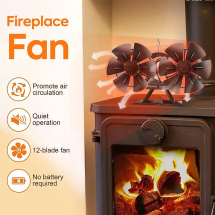 Heat Powered Dual Motor Stove Fan with 12 Blades - Fireplace Circulation Fan