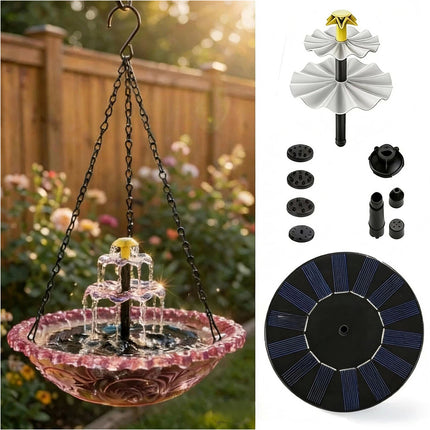 1Pcs Solar Bird Bath Fountain Hanging Glass Bowl Cascading Water Feature Wildlife