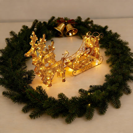 Solar-Powered Set of 3 Christmas Decoration Reindeer and Sleigh LED Yard Xmas