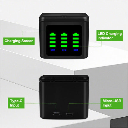 3-Slot Battery Charger For GoPro HERO 9 10 11 12 w/ 2*2000mAh Batteries
