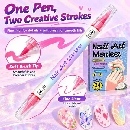 24 Colors Dual-Ended Nail Art Pens Set,24pcs Dual-Ended Pens
